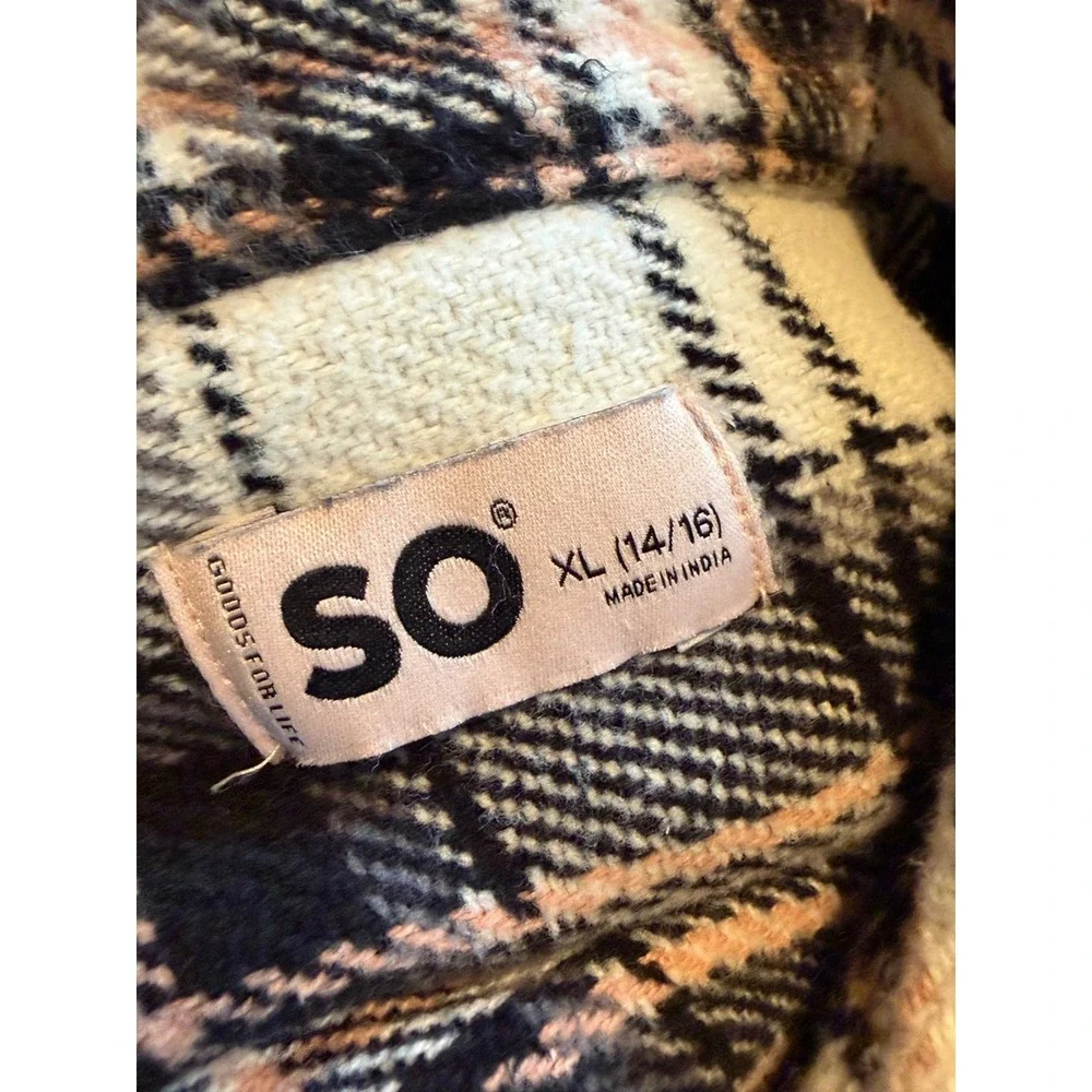 SO Girls Plaid Shacket Pink Black Cream‎ Button Front Shirt Jacket XL 14/16